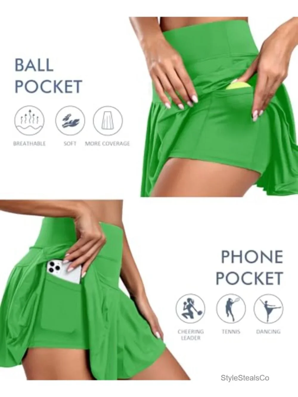Pleated Tennis Skort with Built-in Shorts & Pockets High Waist Athletic